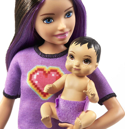 Barbie Dolls and Accessories, Brunette Skipper™ Doll with Baby Figure and 5 Accessories, Babysitters Inc.™ Playset