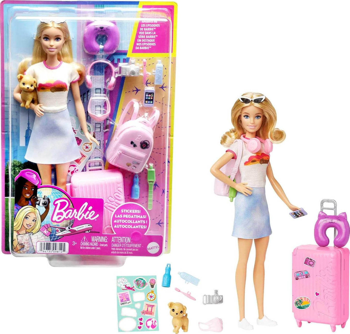 Barbie Doll and Accessories, “Malibu” Travel Set with Puppy and 10+ Pieces Including Working Suitcase