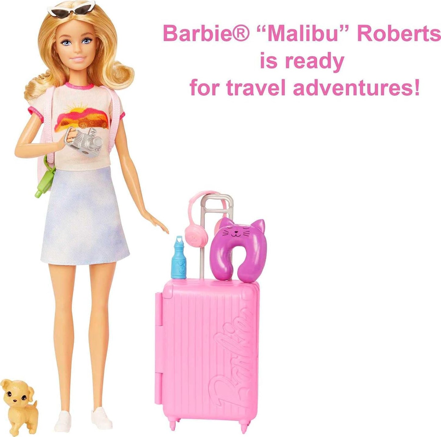 Barbie Doll and Accessories, “Malibu” Travel Set with Puppy and 10+ Pieces Including Working Suitcase