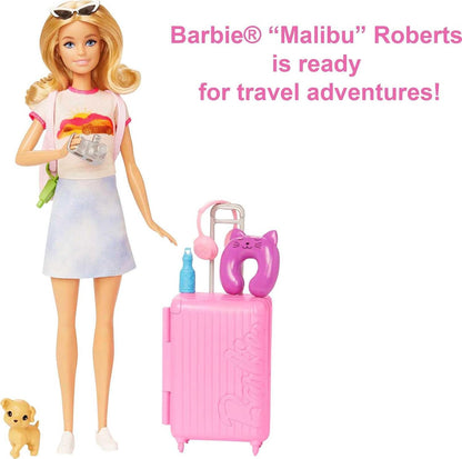 Barbie Doll and Accessories, “Malibu” Travel Set with Puppy and 10+ Pieces Including Working Suitcase