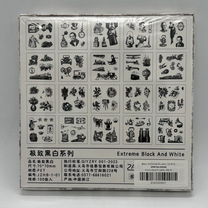 Extreme Black and White Vintage PET Stickers Pack - 100 Pieces (70x70mm)