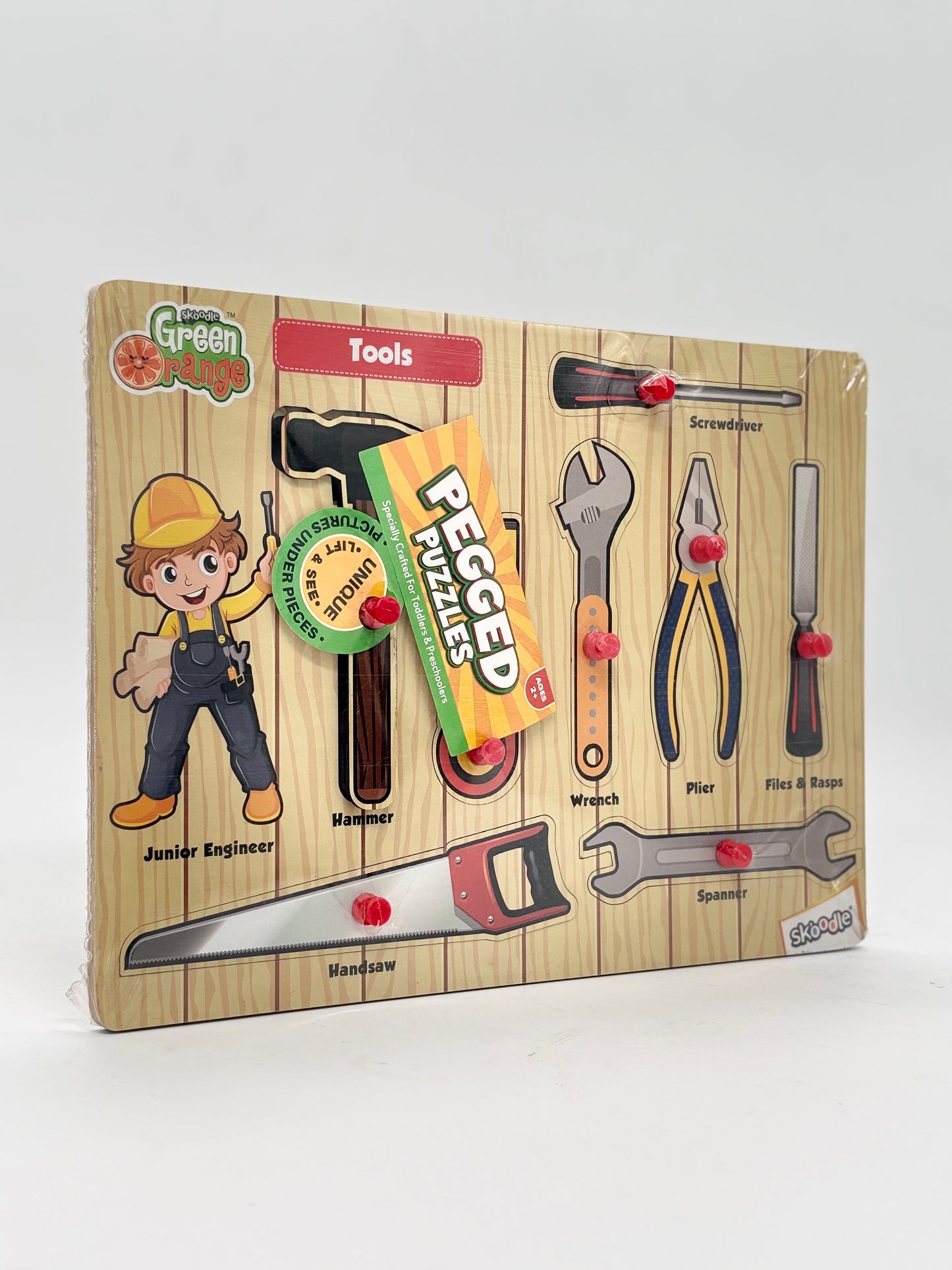 Green Orange Pegged Puzzle - Tools Theme with 8 Pegs