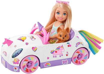 Barbie Club Chelsea™ Doll (6-inch Blonde) with Open-Top Rainbow Unicorn-Themed Car, Pet Puppy, Sticker Sheet & Accessories, Gift for Ages 3 and up