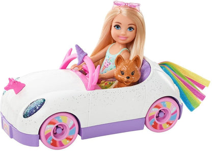 Barbie Club Chelsea™ Doll (6-inch Blonde) with Open-Top Rainbow Unicorn-Themed Car, Pet Puppy, Sticker Sheet & Accessories, Gift for Ages 3 and up