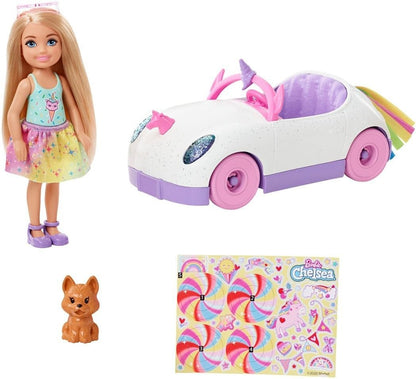 Barbie Club Chelsea™ Doll (6-inch Blonde) with Open-Top Rainbow Unicorn-Themed Car, Pet Puppy, Sticker Sheet & Accessories, Gift for Ages 3 and up