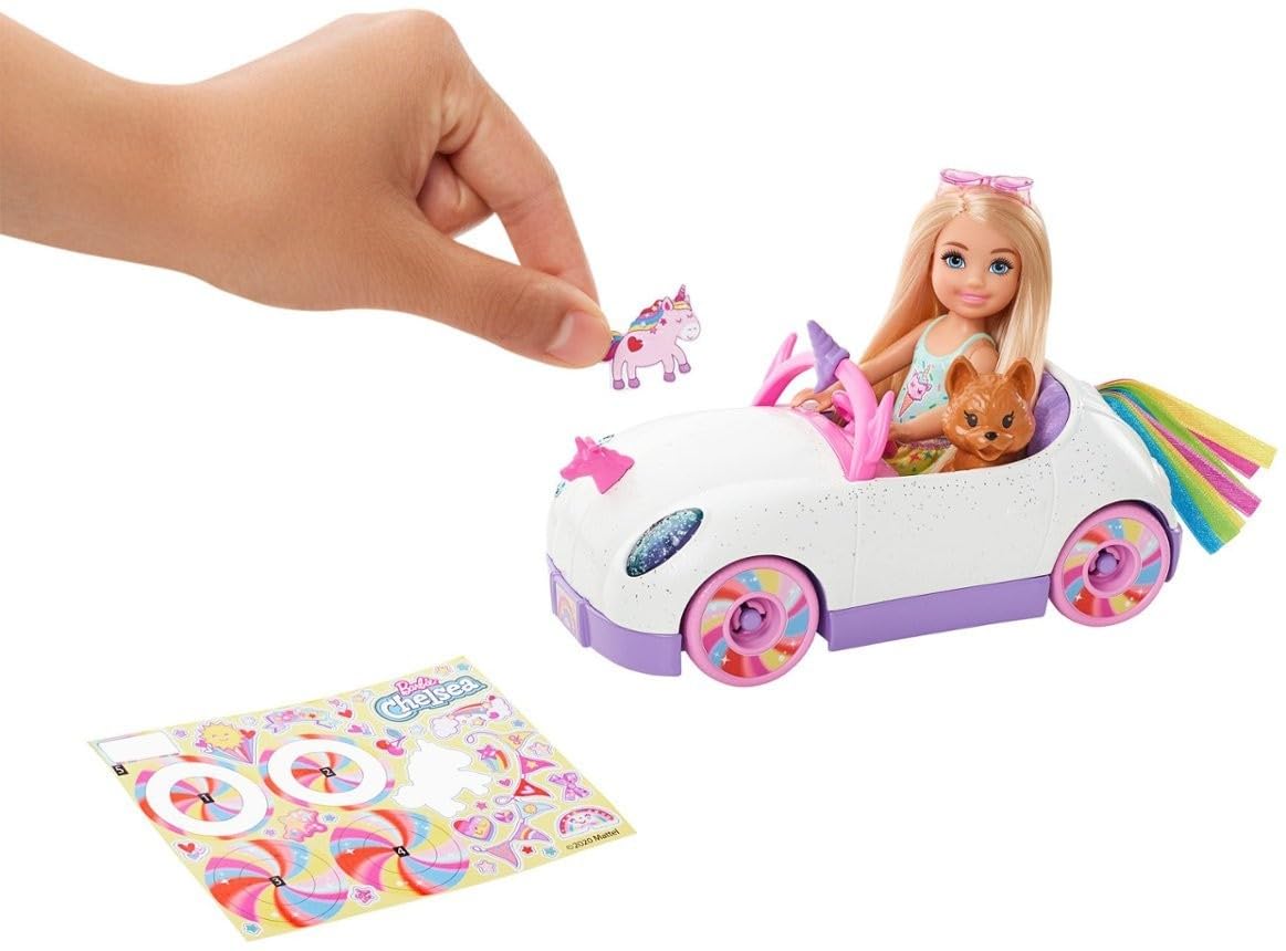 Barbie Club Chelsea™ Doll (6-inch Blonde) with Open-Top Rainbow Unicorn-Themed Car, Pet Puppy, Sticker Sheet & Accessories, Gift for Ages 3 and up