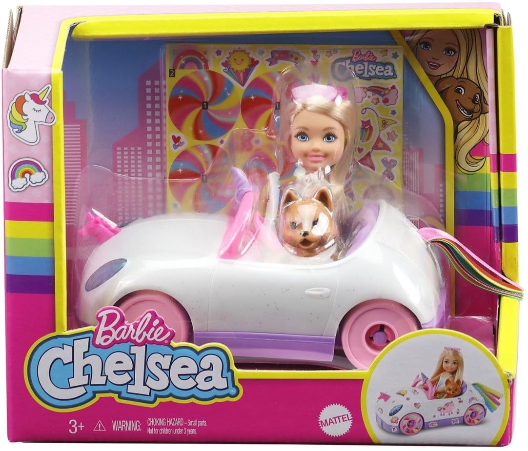 Barbie Club Chelsea™ Doll (6-inch Blonde) with Open-Top Rainbow Unicorn-Themed Car, Pet Puppy, Sticker Sheet & Accessories, Gift for Ages 3 and up