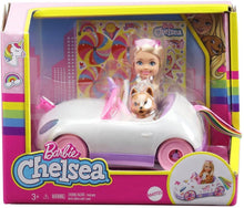 Barbie Club Chelsea™ Doll (6-inch Blonde) with Open-Top Rainbow Unicorn-Themed Car, Pet Puppy, Sticker Sheet & Accessories, Gift for Ages 3 and up