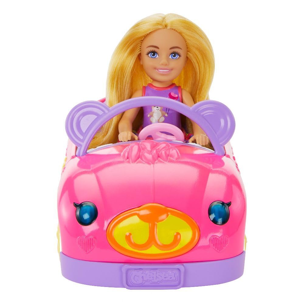 Barbie Chelsea Doll & Toy Car Set with Bear-Themed Convertible & Teddy Bear Accessory, Blonde Small Doll Wears Removable Skirt & Shoes