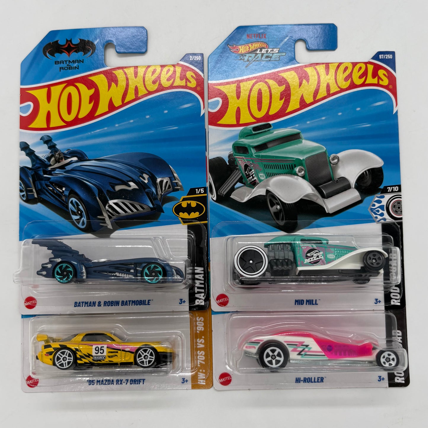 Hot Wheels Set of 4 - Batman and Robin Batmobile, 95 Mazda RX-7 Drift, Mid Mill, Hi-Roller 1:64 Die-Cast