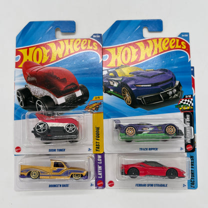 Hot Wheels 1:64 Die-Cast Set of 4 - Ferrari SF90 Stradale, Bounce N Bass, Sushi Tuner, Track Ripper