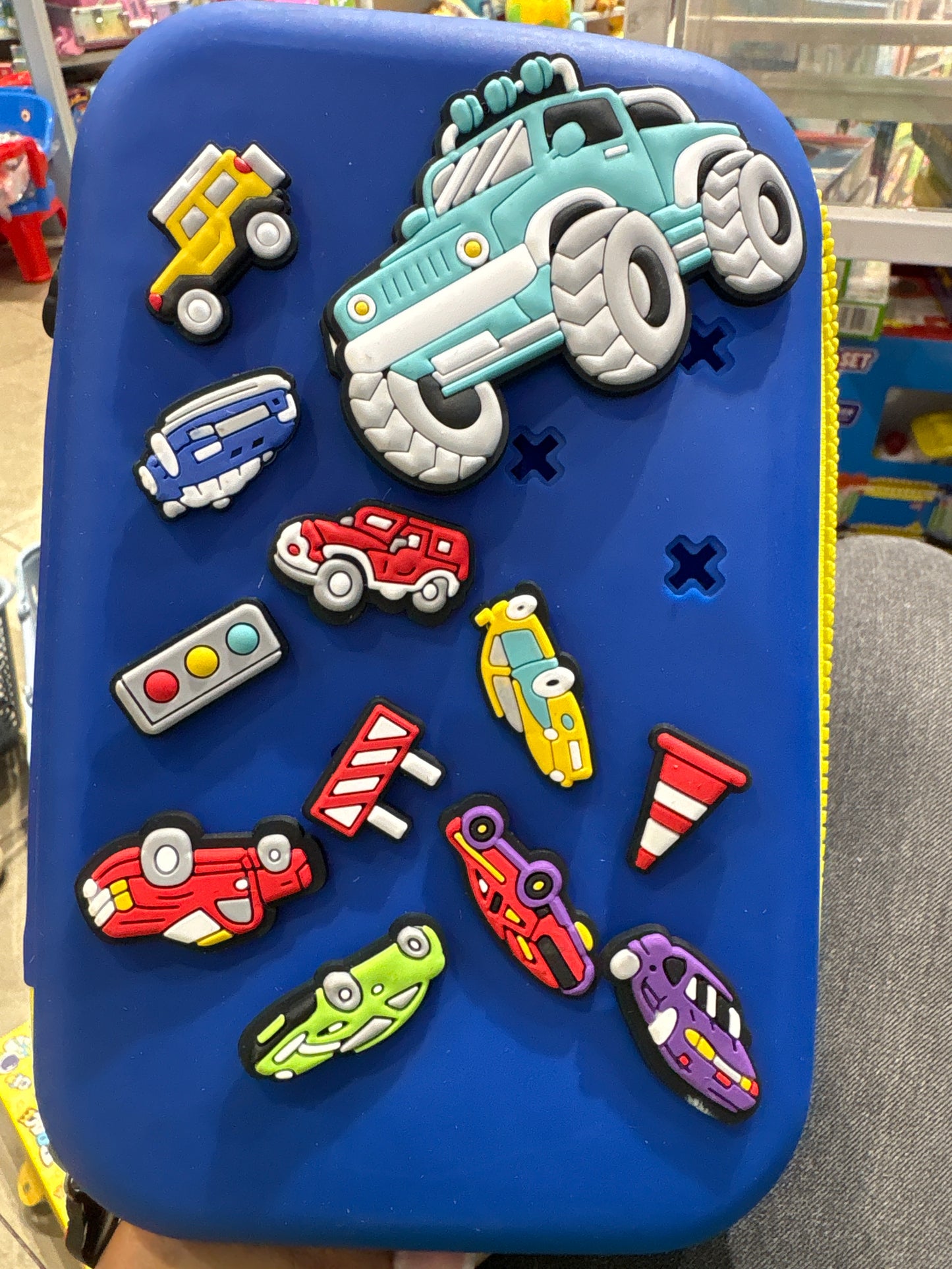 Cars Theme Silicone Pencil Case with 3D Jibbitz Charms – Large (Blue)