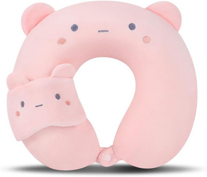 Cat-Themed Travel Neck Pillow with Eye Mask – 2-in-1 Plush U-Shaped Pillow for Kids