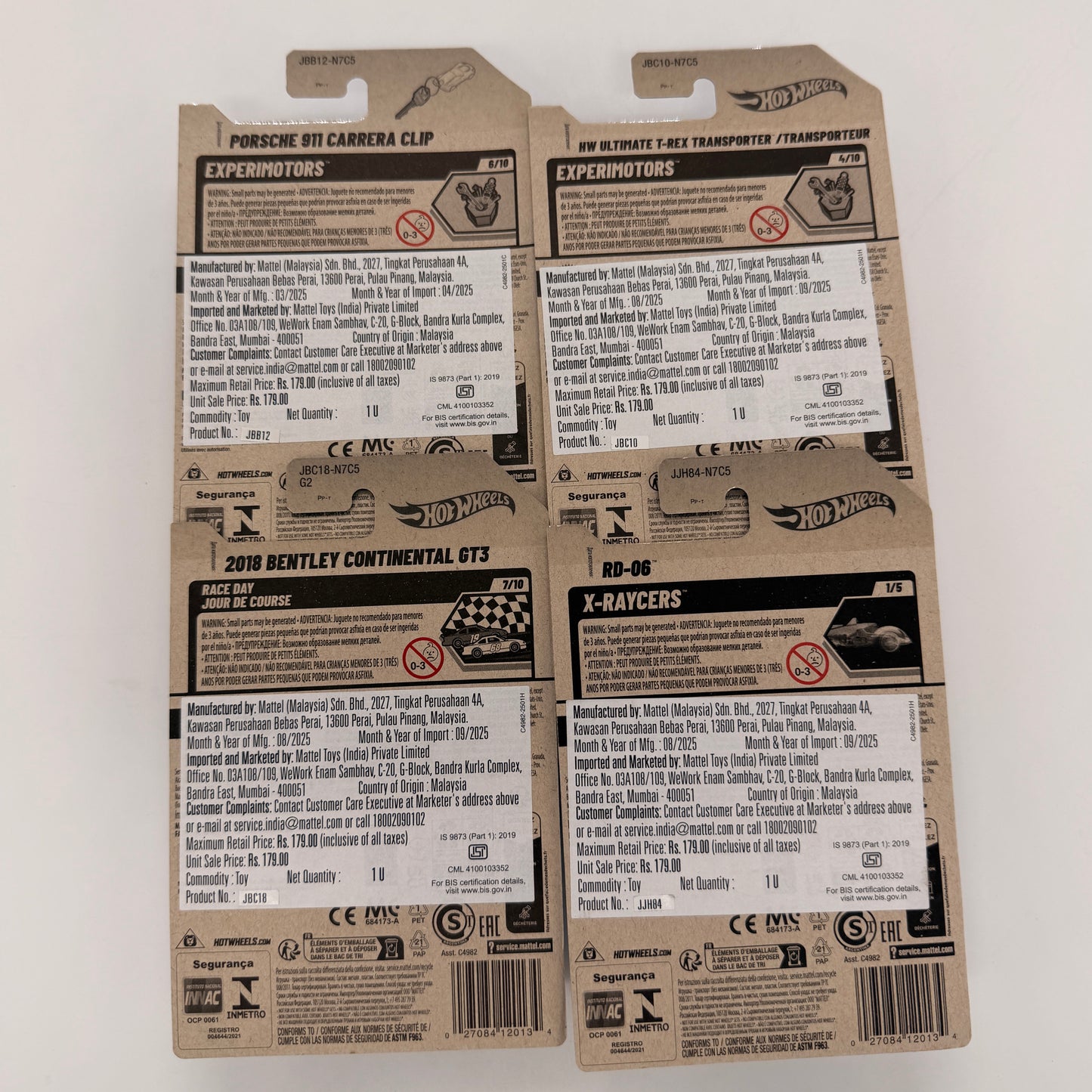 Hot Wheels 1:64 Die-Cast Set of 4 - Bentley Continental GT3, Porsche 911 Carrera Clip, T-Rex Transporter, RD-06