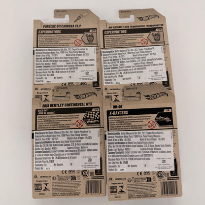Hot Wheels 1:64 Die-Cast Set of 4 - Bentley Continental GT3, Porsche 911 Carrera Clip, T-Rex Transporter, RD-06