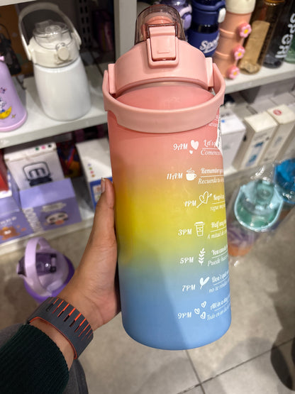 4 in 1 Water Bottle with Motivational Time Marker, Leakproof Durable BPA Free Non-Toxic Water bottle for office, gym, school (Multi color) with free peel & stick toy