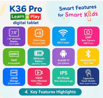K36 Pro Kids Learn & Play Digital Tablet 7" IPS – Unicorn Edition