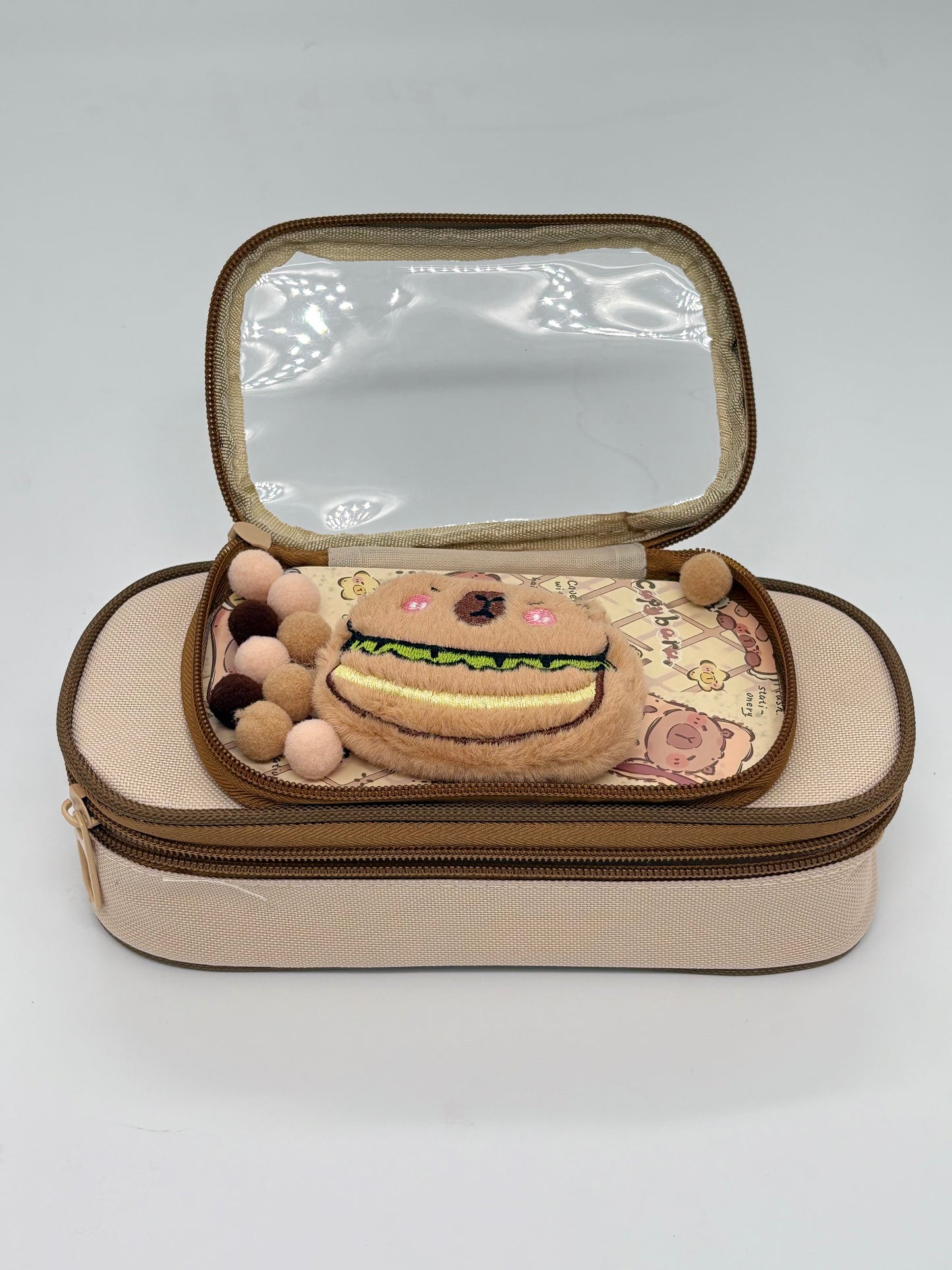 Brown Bear Double Zip Pencil Pouch with Clear Window Top