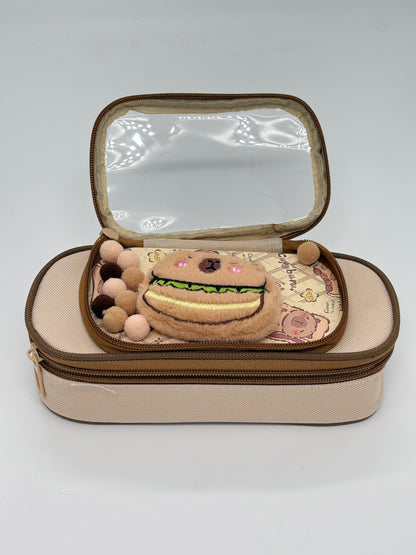 Brown Bear Double Zip Pencil Pouch with Clear Window Top