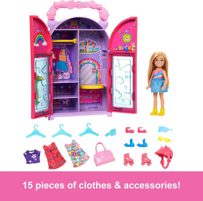 Barbie Chelsea Doll & Closet Toy Playset with 15 Pieces Clothes & Accessories Included, Foldable Set for On-The-Go Play & Storage