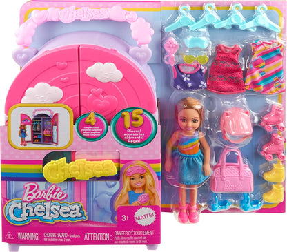 Barbie Chelsea Doll & Closet Toy Playset with 15 Pieces Clothes & Accessories Included, Foldable Set for On-The-Go Play & Storage