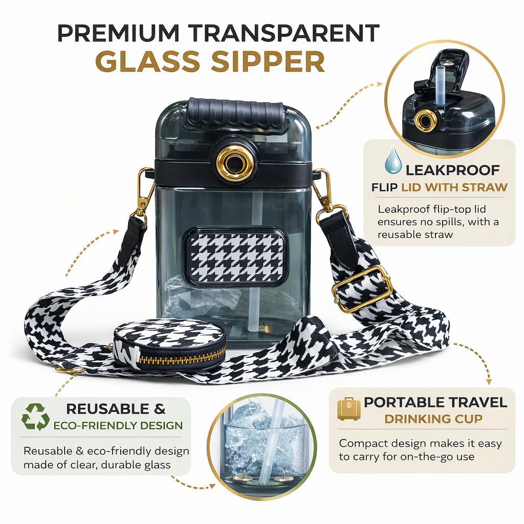 Camera-Style BPA Free Sipper Bottle 850ml with Coin Pouch & Crossbody Strap