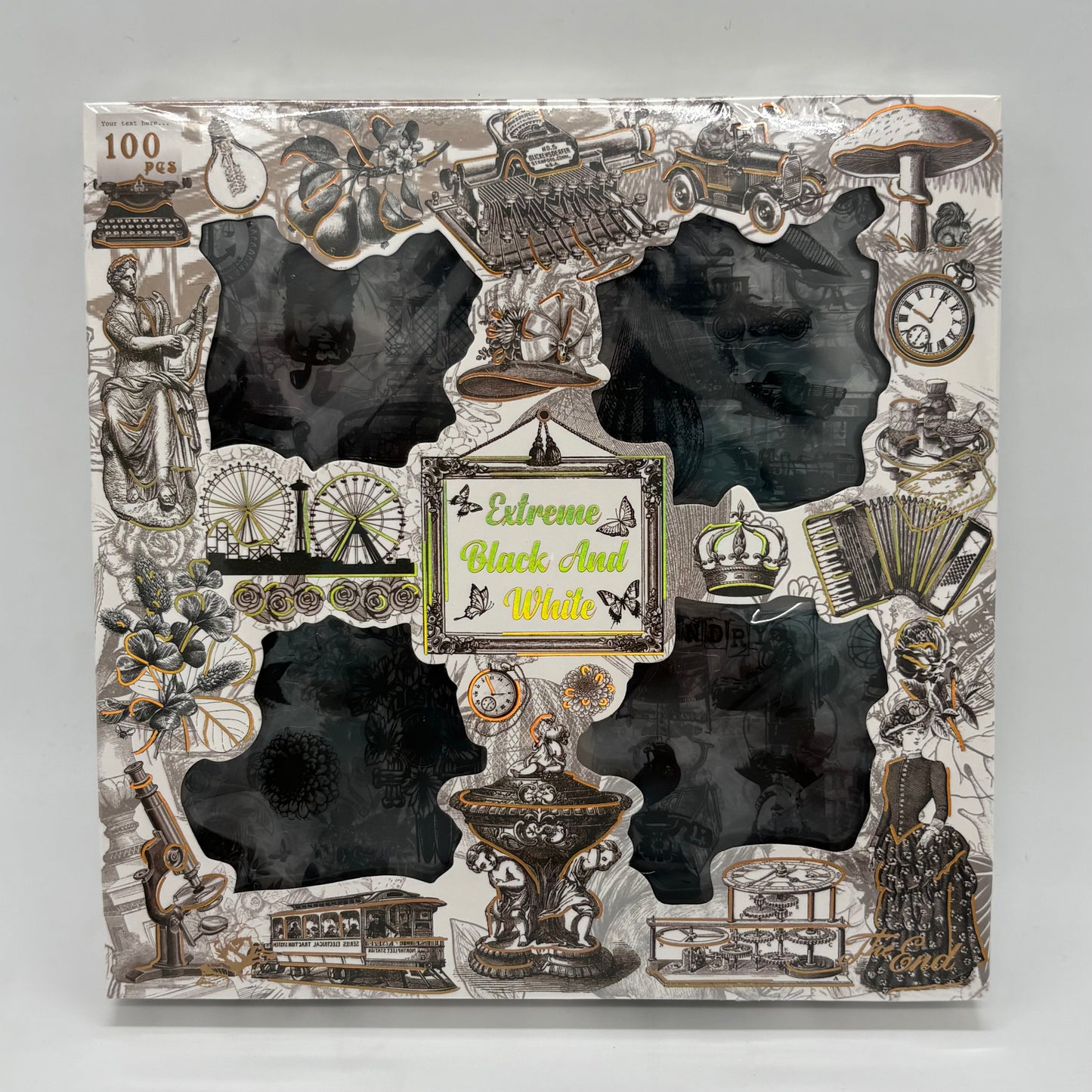 Extreme Black and White Vintage PET Stickers Pack - 100 Pieces (70x70mm)
