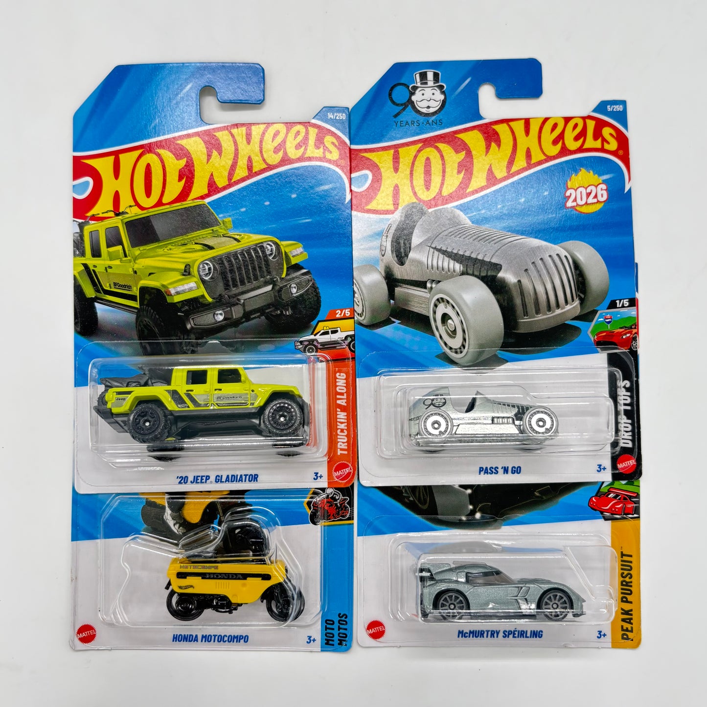 Hot Wheels 1:64 Die-Cast Set of 4 - McMurtry Speirling, 20 Jeep Gladiator, Pass N Go, Honda Motocompo