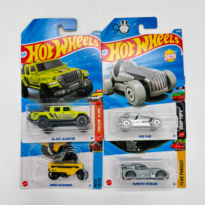 Hot Wheels 1:64 Die-Cast Set of 4 - McMurtry Speirling, 20 Jeep Gladiator, Pass N Go, Honda Motocompo