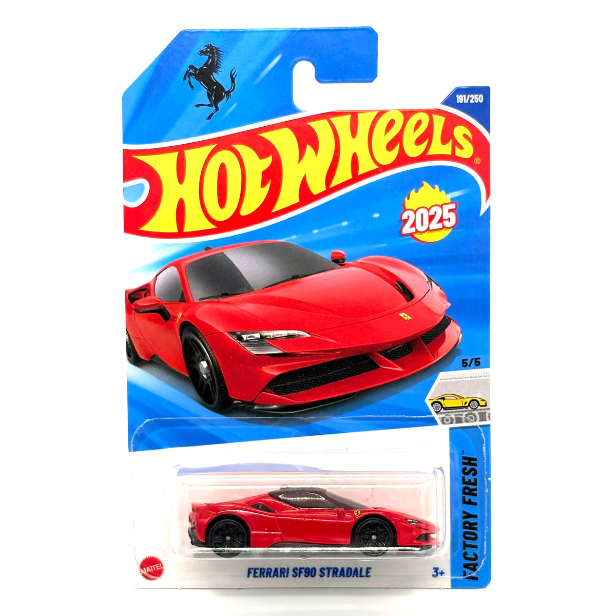 A Hot Wheels Ferrari Sf90 Stradale die-cast toy car in its original blue and red blister card packaging, featuring the Hot Wheels logo and a 2025 edition badge.