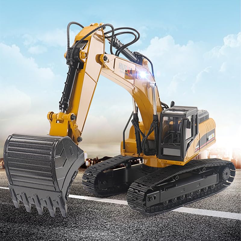 wheelfun 1/14 HUINA RC Metal Excavator 580 2.4G Excavator Truck Model Smoke LED Display Radio Controller Bit Comes with Light and Sound