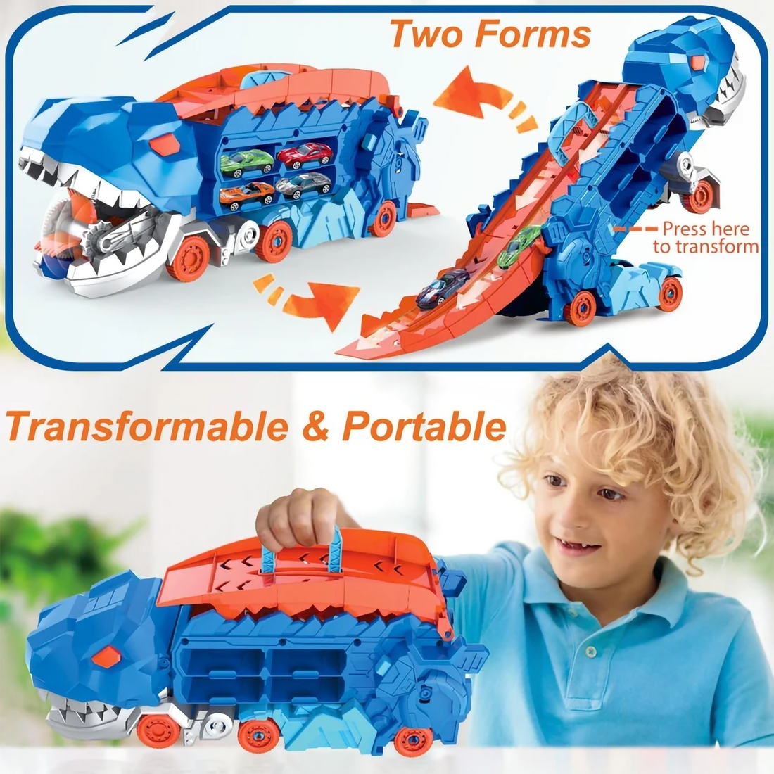 Dinosaur Deformation Truck Car Storage Playset with 2 Alloy Racing Cars