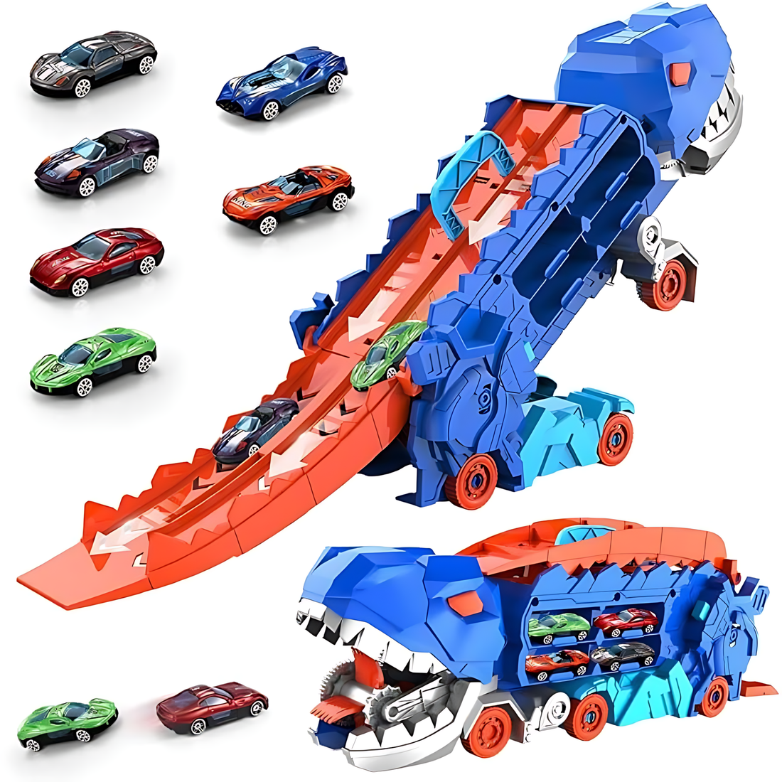 Dinosaur Deformation Truck Car Storage Playset with 2 Alloy Racing Cars
