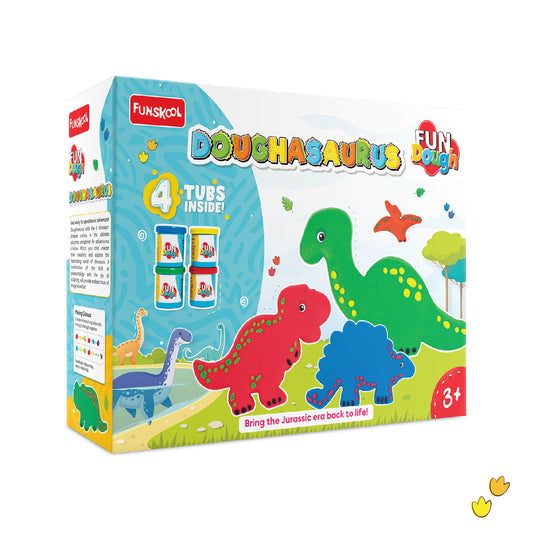 Fundough Funskool Doughasaurus, Play Dough, Art and Craft Set for Kid, 4 Colorful Tubs of 50g Each (200g Total), Learning, Fun & Engaging, Multicolour, Gift Set for Kids, Age 3+ Years
