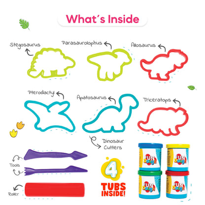 Fundough Funskool Doughasaurus, Play Dough, Art and Craft Set for Kid, 4 Colorful Tubs of 50g Each (200g Total), Learning, Fun & Engaging, Multicolour, Gift Set for Kids, Age 3+ Years