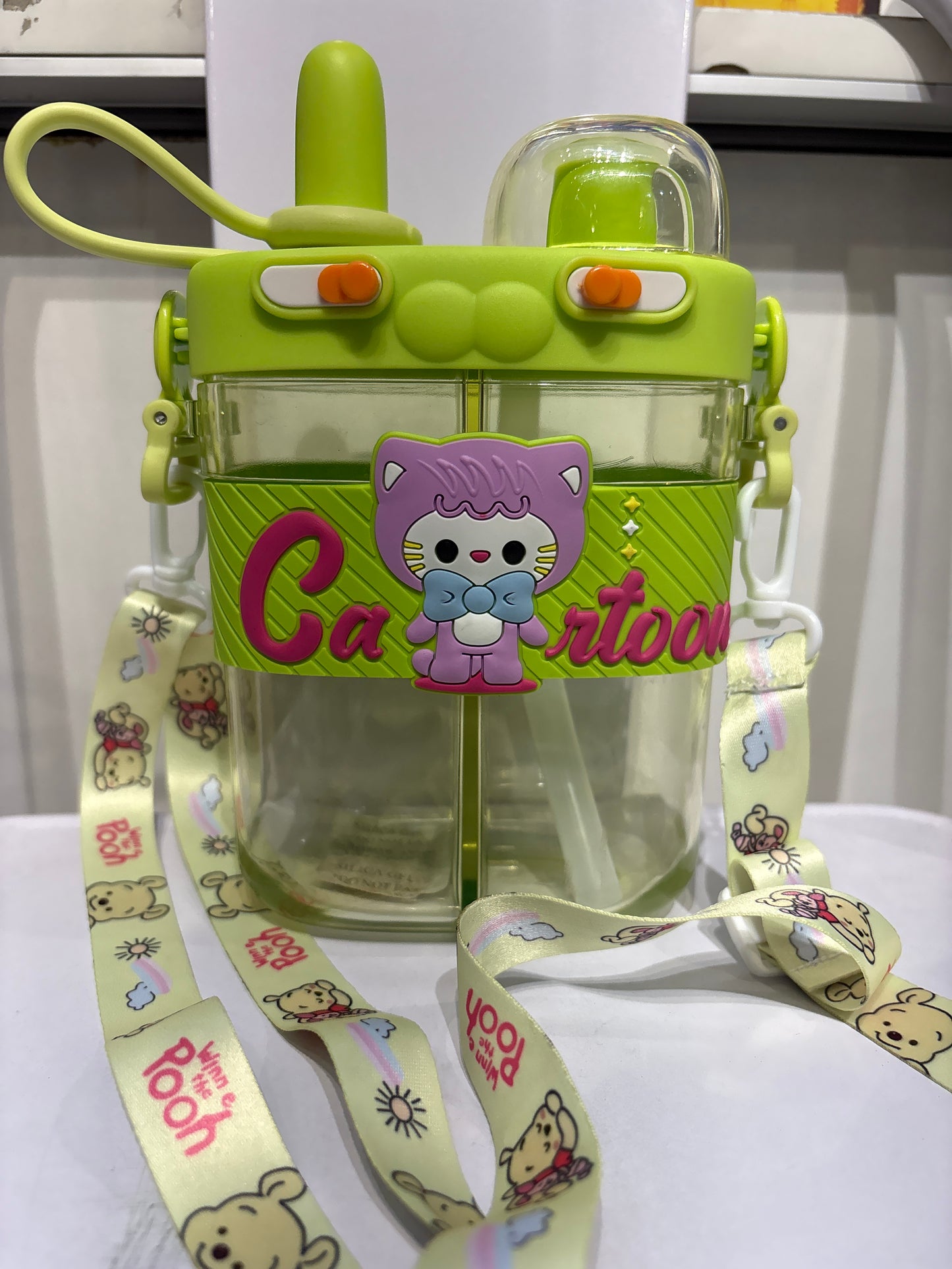 Cartoon 2-in-1 Kids Water Bottle 800ml — Double Straw with Shoulder Strap