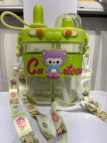 Cartoon 2-in-1 Kids Water Bottle 800ml — Double Straw with Shoulder Strap