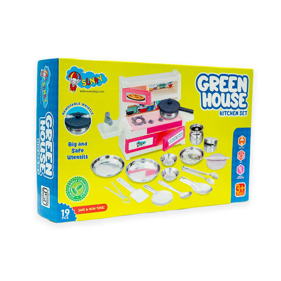 Green House Kids Kitchen Playset with Stainless Steel Utensils