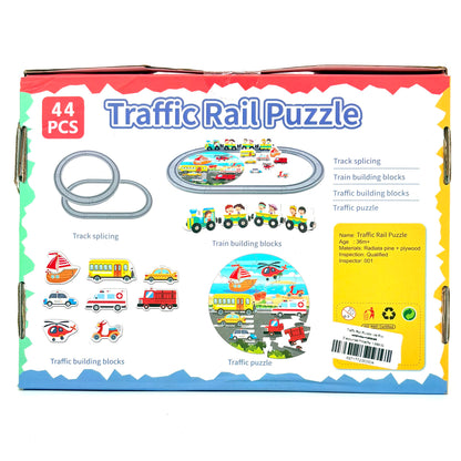 Traffic Rail Puzzle – 44 Pcs Wooden Track & Vehicle Set for Kids
