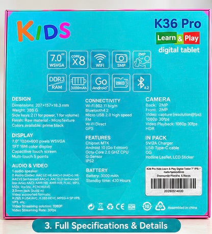 K36 Pro Kids Learn & Play Digital Tablet 7" IPS – Unicorn Edition