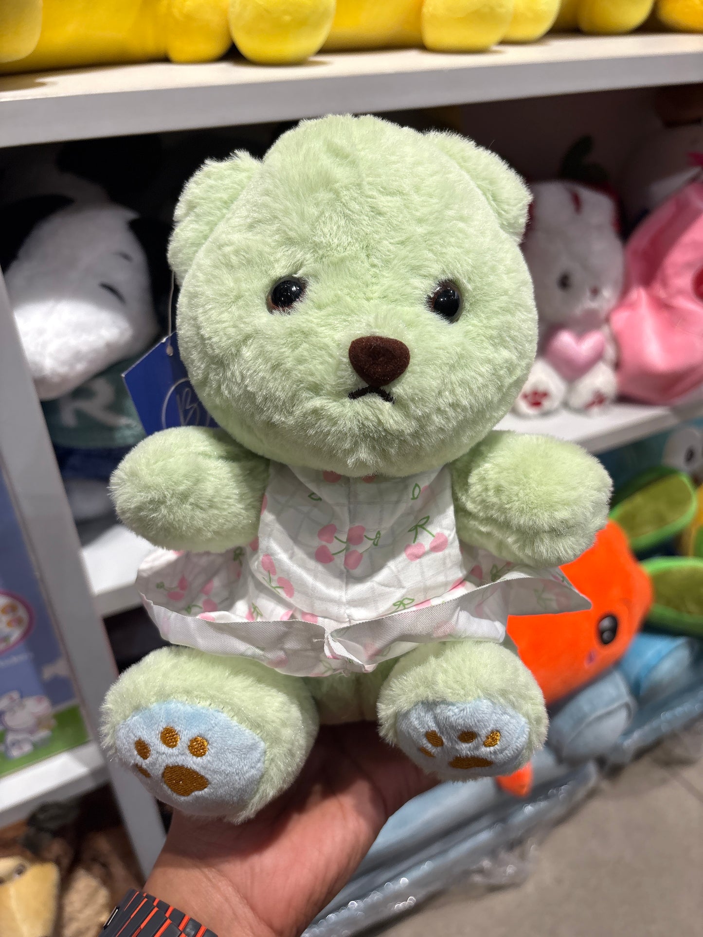 Soft Mint Green Bear Doll in Cherry Frock 30cm
