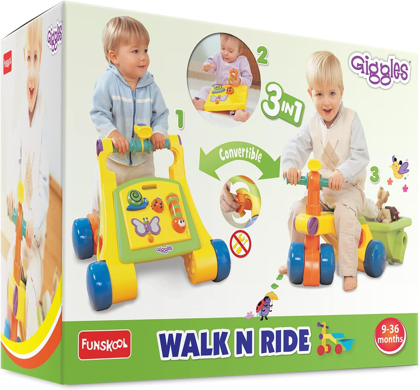 Funskool Giggles Walk N Ride 3-in-1 Convertible Baby Walker and Ride-On
