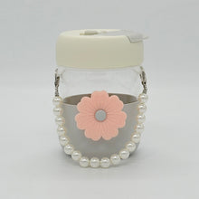 Flower Glass Water Bottle with Pearl Handle Strap and Flip Lid 400ml