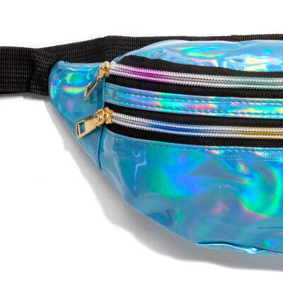 Shiny Holographic Waist Bag with 2 Zipper Pockets and Adjustable Strap