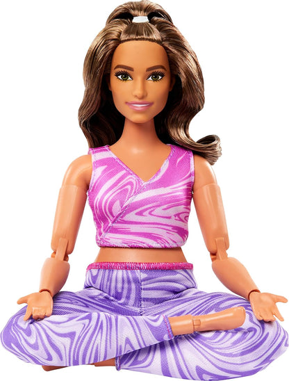 Barbie Made to Move Fashion Doll with Curvy Body & Brunette Hair Wearing Removable Pink Sports Top & Purple Yoga Pants, 22 Bendable “Joints”