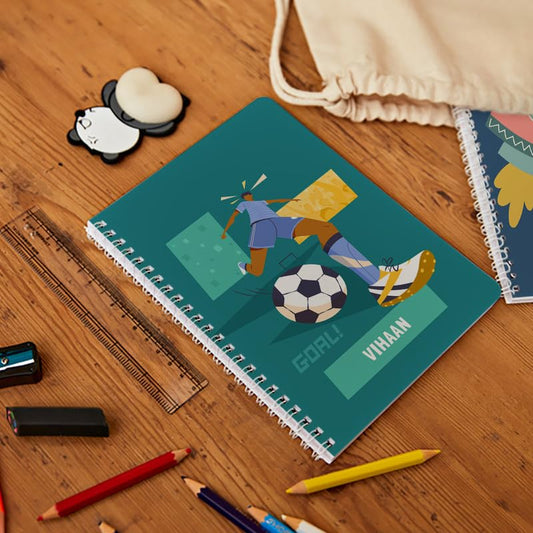 Zooboo Personalized Kids name Spiral Notebook, 60 ruled pages in A5 size, Kids school notebook, birthday return gift for kids Theme Football Goals Boy