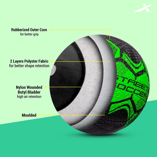 Vector X Street Soccer Rubber Moulded Indoor/Outdoor Water-Resistant Football with Butyl Bladder, Black-Green, Size 5, Suitable for Match and Training for Adults 15+ Years