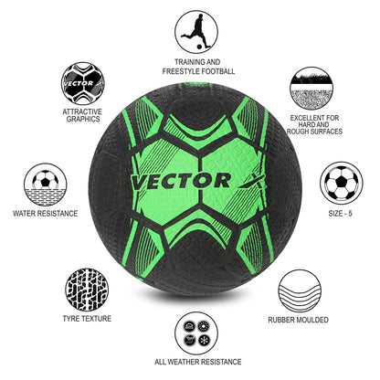 Vector X Street Soccer Rubber Moulded Indoor/Outdoor Water-Resistant Football with Butyl Bladder, Black-Green, Size 5, Suitable for Match and Training for Adults 15+ Years