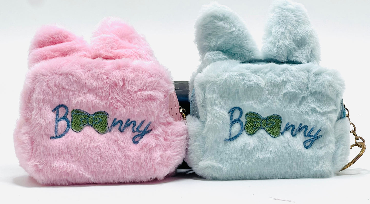 Bunny Embroidered Fur Zipper Pouch with Keyring