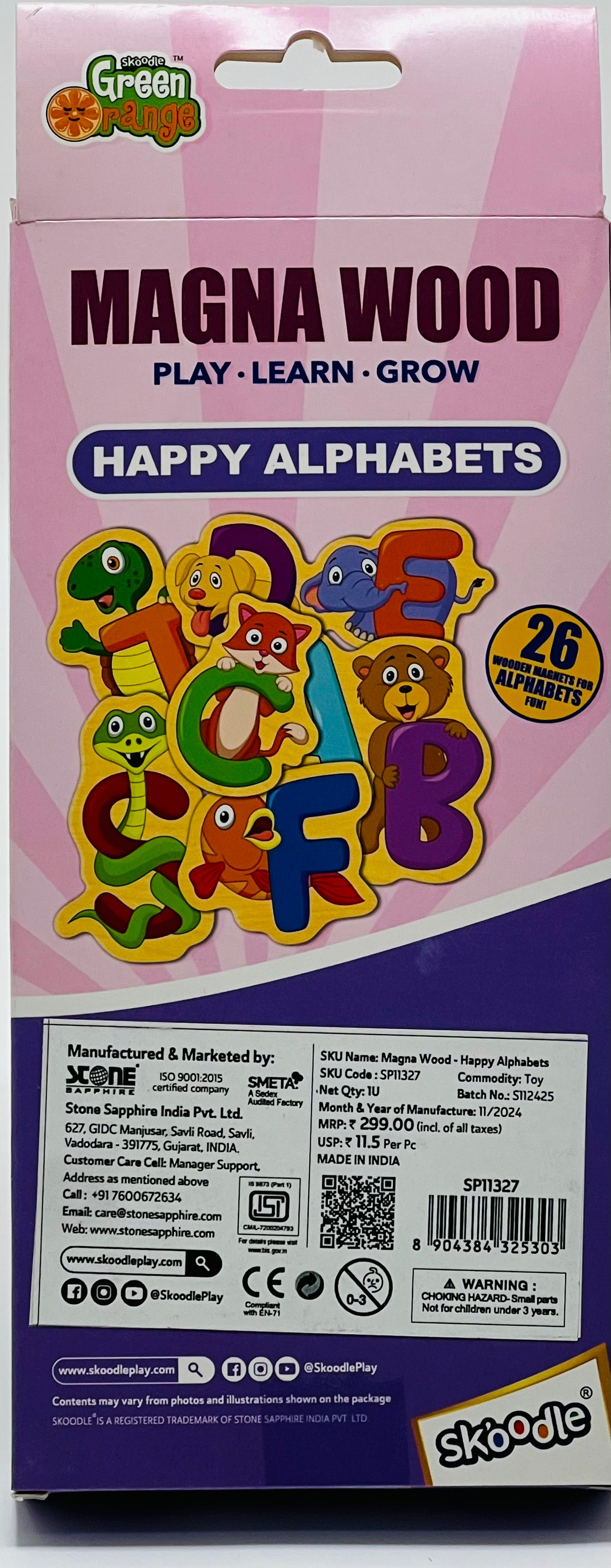 Skoodle Green Orange Magna Wood Happy Alphabets 26 Piece Wooden Magnetic Set